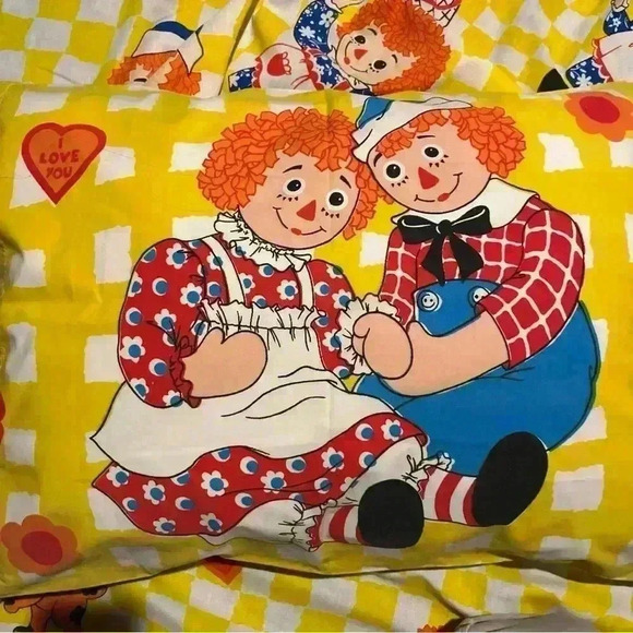 Vintage Raggedy Ann & Andy Handmade Quilt, Twin Flat Sheet 64”x85” & Pillowcase - Picture 10 of 16